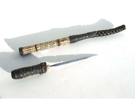 A Middle Eastern camel whip sword stick with leather grip and square steel tapering blade, blade length 18cms, overall 53cms.