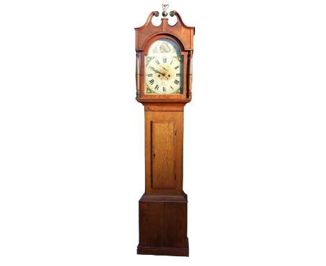 A longcase clock, the 34cms square arched painted dial with Roman numerals, subsidiary seconds dial, date aperture, signed 'D