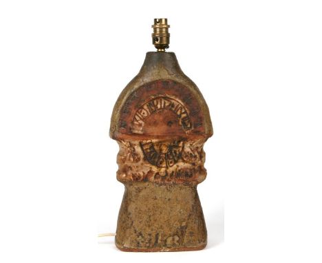 Manner of Bernard Rooke - A Studio pottery lamp base with sgraffito decoration, 34cms high.