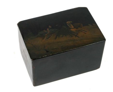 A late 19th century Russian black lacquer tea caddy, the lid decorated with a Troika scene of a team of horses pulling a sled