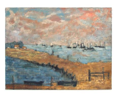Dick Romyn (British 1915-2007)- Impressionist Seascape with Sailing Ships in the Distance - oil on canvas, signed lower left,
