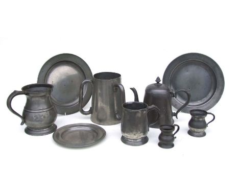 A 17th century style pewter melon form teapot; together with other pewter ware to include a tyg, mugs, chargers and plates.