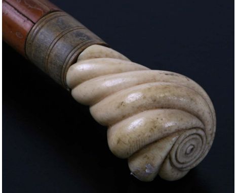 A late 19th century ivory handled Malacca walking stick. 914cm long