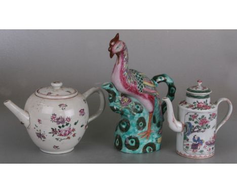 A Chinese famille rose teapot in the form of a phoenix, 25cms high; together with a famille rose teapot of globular form deco