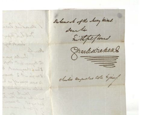 Charles Dickens (1812-1870)  A signed letter stating ' I enclose you a pass for the Haymarket stage door, adopted to keep str