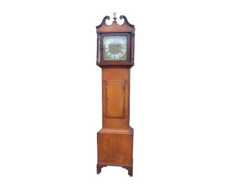 A longcase clock, the 30cm square brass dial with silvered chapter ring and Roman numerals, subsidiary seconds dial and date 