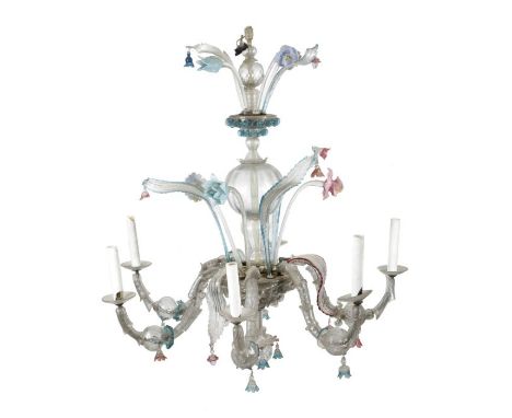 A late 19th / early 20th century Italian Venetian glass chandelier, Murano, with six lights and two tiers, the globe and balu