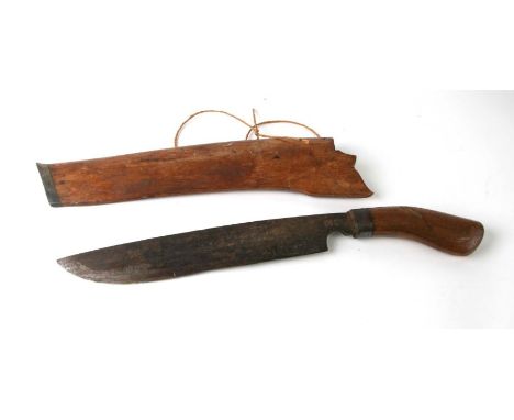 A Chinese machete with wooden handle and scabbard, the steel blade numbered 'No.2' with three character mark, overall 46cms l