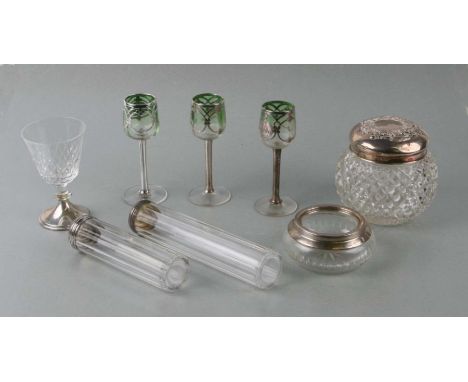 A silver topped jar, Chester 1908; together with three silver overlay sherry glasses, a silver footed wine glass and other it