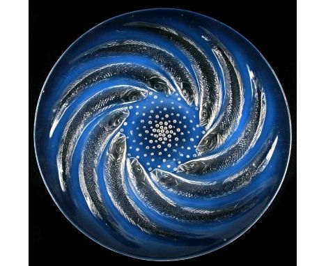 R Lalique, a 'Poisson' pattern opalescent glass dish, with moulded decoration of fish and a central well of bubbles, moulded 