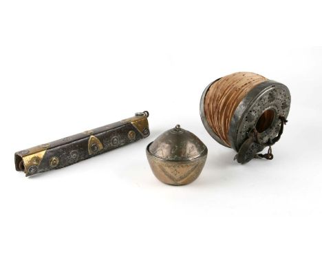 A tinned copper concertina hanging lamp, 14cms diameter; together with an early brass and steel sistrum, 26cms long; and a fr