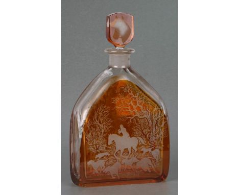 An Orrefors amber flashed glass decanter with etched hunting scenes, base signed 'Zaglo H101/102a UK No. 43' and 'Orrefors H2