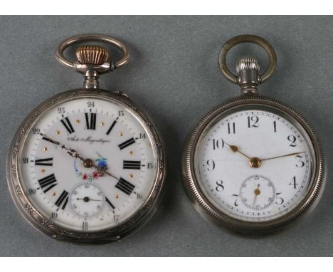 Railway interest.  A French silver cased open faced pocket watch, the white enamel dial with Roman numerals and subsidiary se