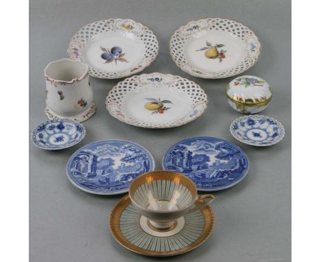 Three Meissen ribbon tie plates decorated with fruit, 15cms diameter; together with other porcelain including Herend and Cope