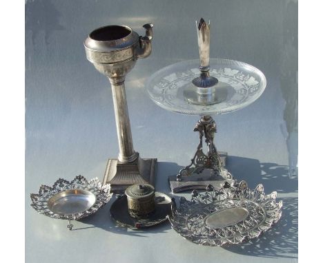 A silver plated and etched glass eperne (lacking flute), 35cms high; together with a silver plated column twin-arm oil lamp, 