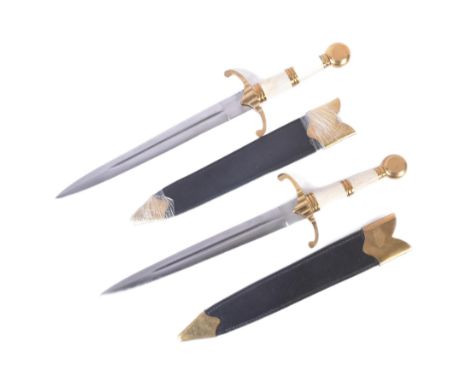 Two contemporary replica ' Blackfriars Daggers '. Solid brass dome pommel hilt, polished bone grip and downward facing quillo