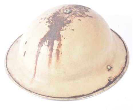 A WWII Second World War British Royal Engineers MKII steel combat helmet. Tan desert body with a red and blue Royal Engineers