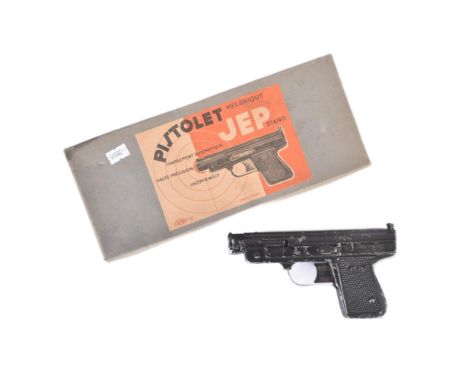 An original vintage c1930s French made ' JEP Pistolet ' tinplate air pistol / BB gun. Metal construction, housed within its o