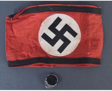 A WWII Second World War Third Reich Nazi German SS Officers cloth armband and SS Viking Division ring. The ring with Viking f