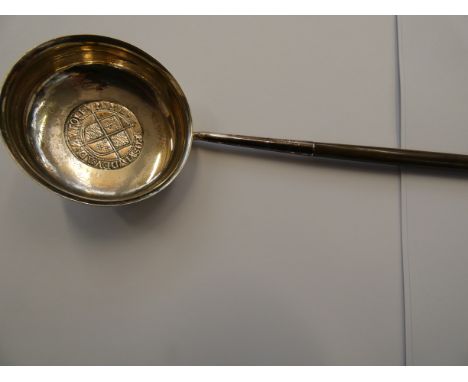 Early silver toddy ladle with Elizabeth I coin & whale jaw handle 