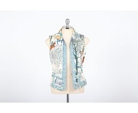 HERMES - A SILK WAISTCOAT
Donated Anonymously
Classic Hermes hunting print on a cream ground 
Fastened with a hidden zip
34
C
