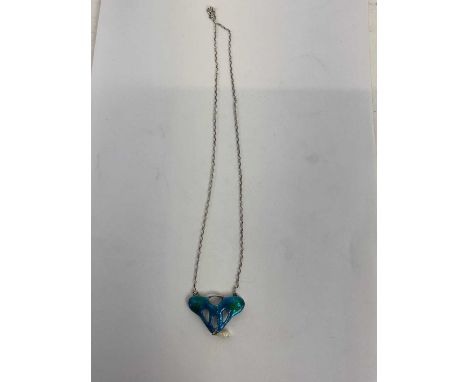 An Arts &amp; Crafts style enamelled pendant suspending a pearl, on silver chain.