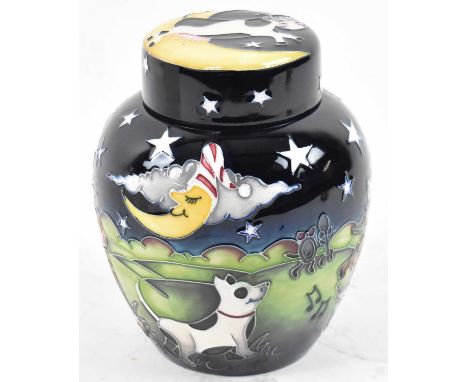 MOORCROFT; a black and green glazed ginger jar decorated with scene from 'The Owl and the Pussy Cat', signed to base, height 