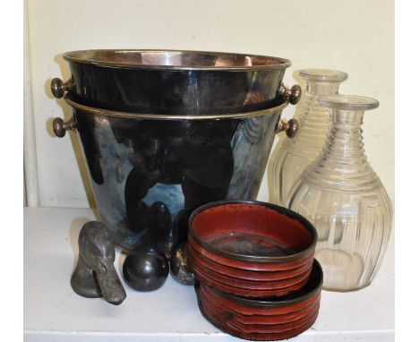 WMF; a pair of WMF Hotel Germany silver plated ice buckets, a pair of round silver plated wine bottle stoppers, a novelty met