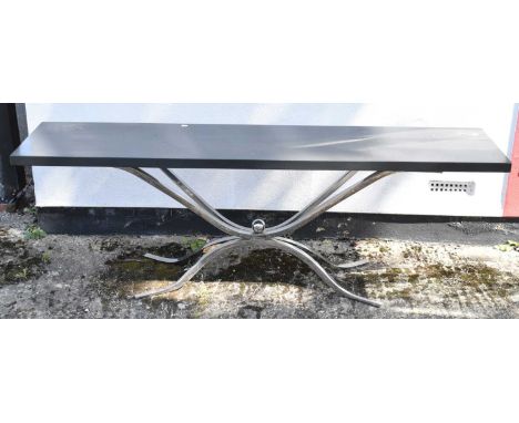 A modern console table with rectangular top and chrome base, 180 x 40cm.