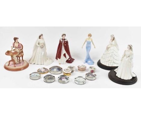 Two Royal Worcester figurines of Queen Elizabeth II, a Royal Doulton figurine of Diana, Princess of Wales, two Coalport figur