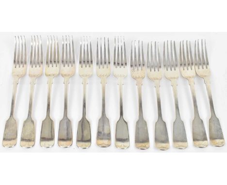 CHAWNER &amp; CO; a set of six Victorian hallmarked silver dinner forks, London 1848, 14.7ozt/457g, and a set of six Edwardia