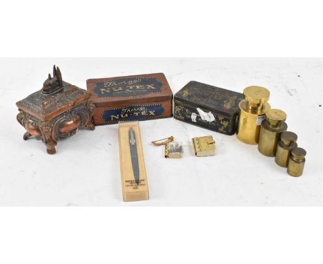 A small quantity of collectors items including two vintage advertising tins, wall paper trimmer, a set of four brass weights,