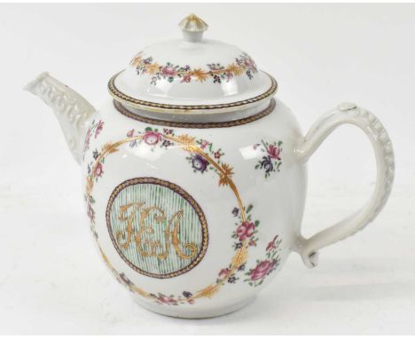 A Continental bullet shaped teapot in Chinese Export style, with circular cartouche engraved 'Tea', height 19cm.Condition Rep