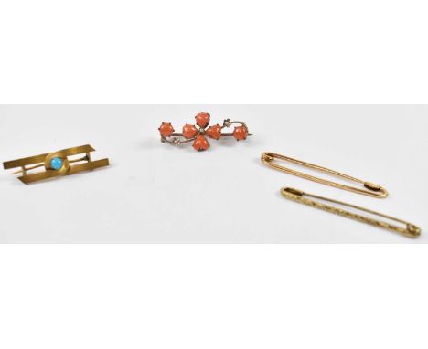 A 14ct gold bar brooch set with a turquoise, a 14ct gold safety pin and another in yellow metal, also a yellow metal coral an