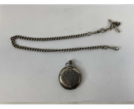 A French 875 silver hunter cased pocket watch with enamel dial, also a silver Albert chain, 56g (2).