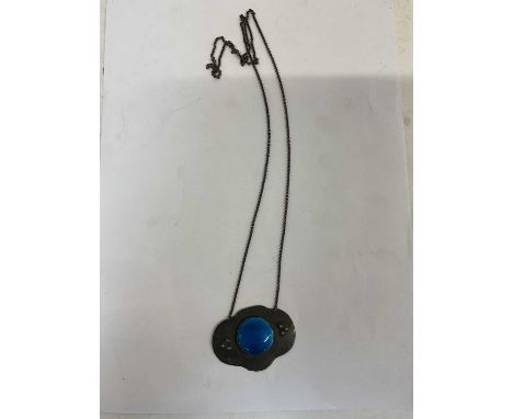 An Arts &amp; Crafts pewter and blue enamel pendant, 5 x 3.5cm, on chain.