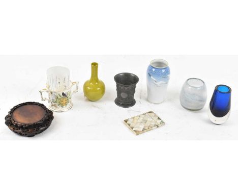 A mixed lot including mother of pearl card case, Chinese carved wooden stand, two Art Glass vases, Royal Copenhagen vase, Chi