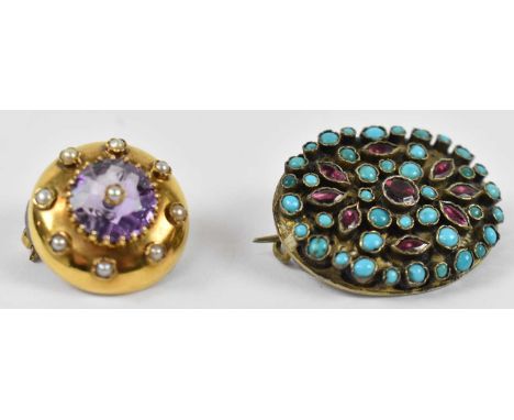A yellow metal, amethyst and seed pearl circular brooch, diameter approx 2cm, approx 5.2g, also an oval turquoise set brooch 