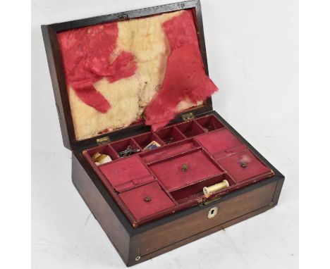 A rosewood and mother of pearl inlaid sewing box, with fitted interior (af).