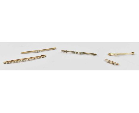 A 14ct gold brooch set with three pearls, length 6cm, a smaller 14ct rose gold, pearl and diamond brooch, and three other yel