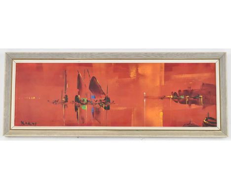 † GEORGE R DEAKIN; an abstract oil on board depicting coastal scene, 14 x 44.5cm, framed.