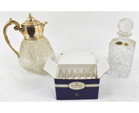 A silver plated topped claret jug, and a Bohemian cut glass decanter, also six Royal Doulton Finest Crystal cased coasters.
