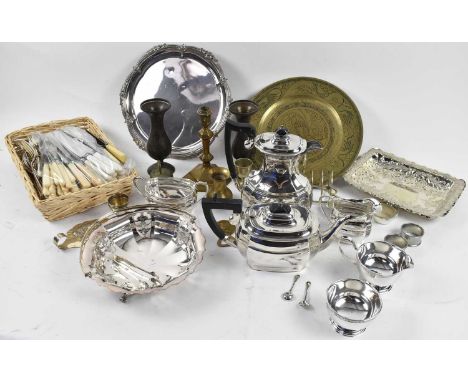 A small quantity of silver plated items, including tea service, salver, flatware, and other brass and metal items.