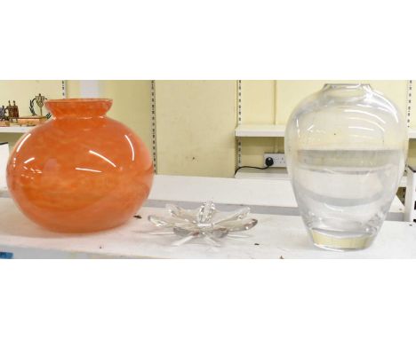 A large contemporary clear glass vase (probably Orrefors), height 27cm, a large Schneider orange bulbous glass vase, height 2