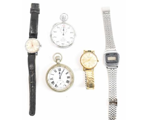 Three gentleman's wristwatches including Timex and Chateau, also an Omega Prestons Timer Division stopwatch and a silver plat