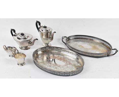 A silver plated four piece tea service comprising teapot, coffee pot, sugar bowl, milk jugs, also two silver plated gallery t