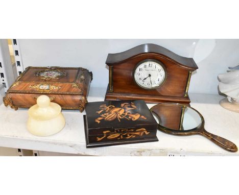 MAPPIN &amp; WEBB; a 20th century oak mantel clock, and French ormolu mounted box, with ceramic plaques, another box, hand mi