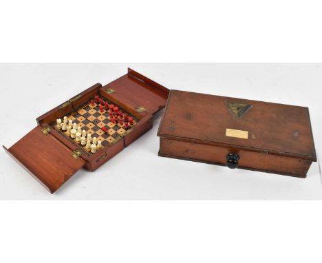 S MAWSON &amp; THOMPSON, LONDON, a mahogany cased set of brass balance scales,  a cased travelling chess set and walnut box (
