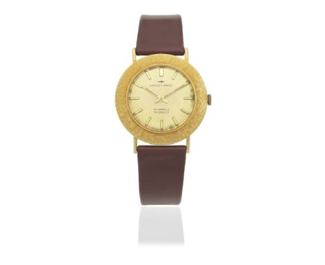 Jacquet Droz. An 18K gold manual wind wristwatchDate: Circa 1970Movement: 21-jewel manual windDial: Sunburst champagne, appli