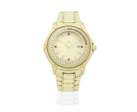 Ebel. An 18K gold diamond and ruby set quartz calendar bracelet watchModel: DiscoveryDate: Circa 2000Movement: Jewelled quart